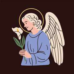 Angel holding flower in colorful robe. Praying angel, Saint, creature with wings, halo. Hand drawn trendy Vector illustration. Isolated design element. Print, logo, card template