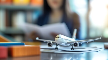Model airplane on a table with a book.