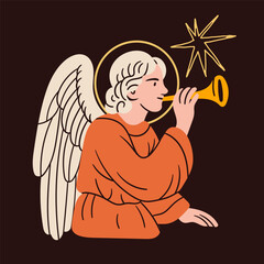 Angel blowing horn in colorful robe. Praying angel, Saint, creature with wings, halo. Hand drawn trendy Vector illustration. Isolated design element. Print, logo, card template