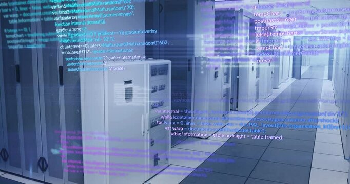 Cyan magenta code lines starting scrolling across server cabinets, camera panning showing data flow