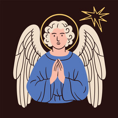 Angel in colorful robe. Praying angel, Saint, creature with wings, halo. Hand drawn trendy Vector illustration. Isolated design element. Print, logo, card template