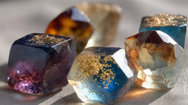 Macro Shot of Colorful Resin Gemstones with Gold Flakes Sparkling in the Light