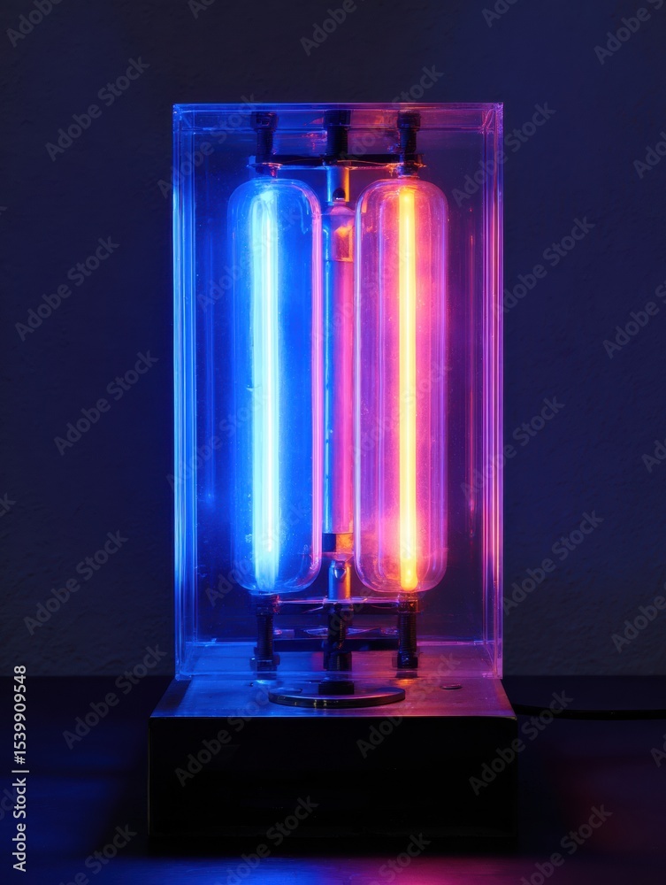 Poster neon light pulse enclosed in a transparent structure against a dark backdrop showcasing vibrant hues