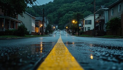 Wet street, quiet town, evening rain