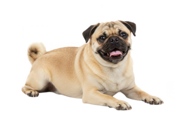 Happy pug dog lying down isolated on transparent background