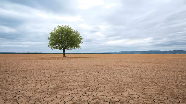 Lone tree stands in vast barren field with cracked dry soil under cloudy sky, creating striking contrast and evoking sense of solitude and resilience