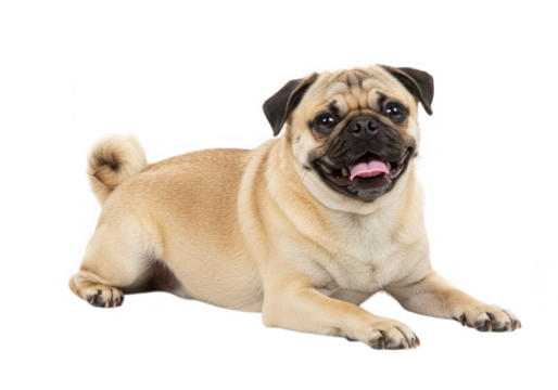 Happy pug dog lying down isolated on transparent background