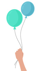 Main qui tient deux ballons attachés par des ficelles - Couleurs douces et sobres - Illustration vectorielle éditable pour célébrer un événement festif comme un anniversaire, une fête familiale