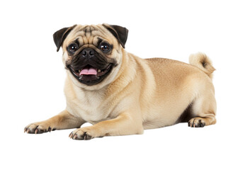 Obraz premium Happy pug dog lying down isolated on transparent background