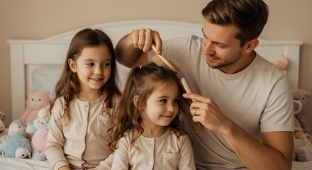 Father grooming daughters hair