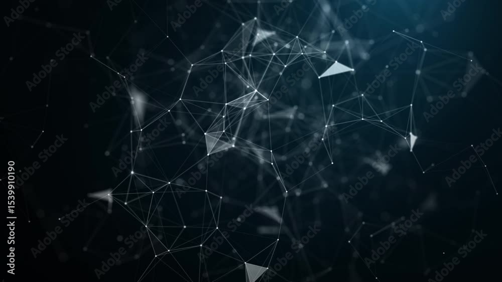 Poster 3d abstract network of connected lines and points forming geometric mesh shapes, ideal for tech, com
