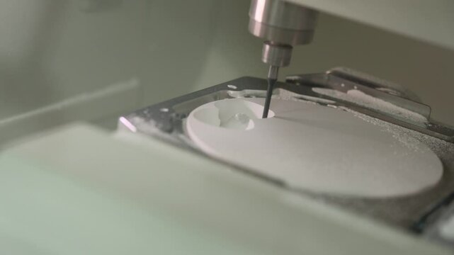 Milling machine for making veneers and crowns. Dental CNC machine processes zirconium. Close-up.