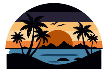 Beautiful Beach Sunset Scene with Silhouetted Palm Trees