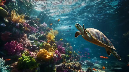 Obraz premium Calm sea turtles swimming close to shoreline rocks high resolution picture