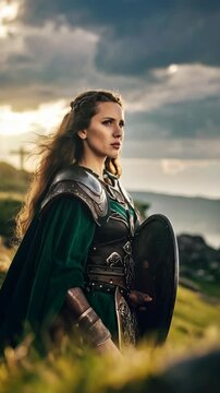 Woman dressed as fantasy warrior stands outdoors holding shield and wearing leather armor, cape and bracers against the sky.