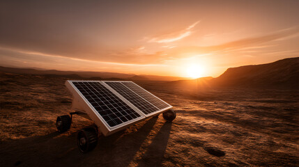 A solar-powered rover explores a rocky, barren landscape under a glowing sunset sky.