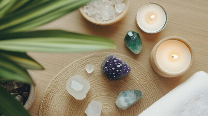 Calming arrangement of crystals and lit candles on wooden surface with woven mat and white towel, creating peaceful and meditative atmosphere