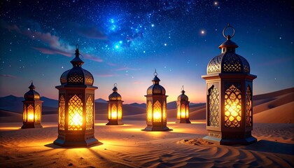 Desert Night Lanterns Starry Sky, Ramadan Glow, Islamic Art Ramadan, Festive