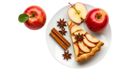 Homemade Apple Pie Slice with Fresh  Gourmet Apple Tart with Decorative Spices on White Plate - Top Down Shot isolated on transparent background 