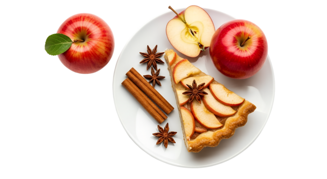 Homemade Apple Pie Slice with Fresh  Gourmet Apple Tart with Decorative Spices on White Plate - Top Down Shot isolated on transparent background 