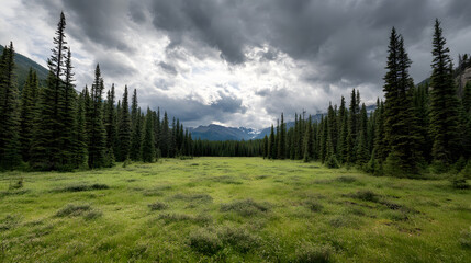 Peaceful forest clearing with tall evergreen trees under heavy clouds and distant mountains, creating dramatic and serene natural landscape scene