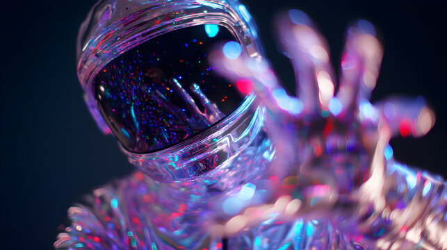 A futuristic astronaut in a reflective suit reaches toward the camera, surrounded by vibrant, colorful lights and a dark background.