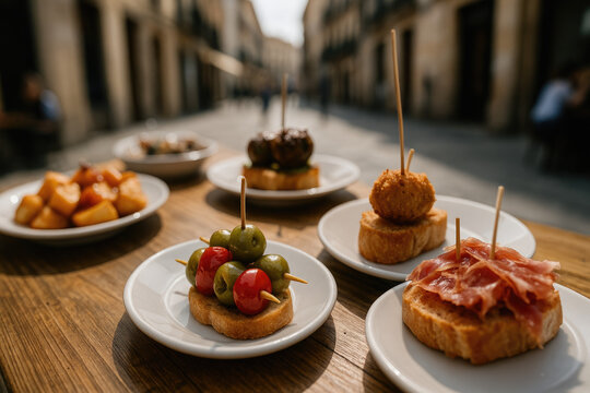 Delicious Spanish Tapas and Pinchos Served on a Charming Street Table, Celebrating Spain&rsquo;s Rich Gastronomic Culture in a Lively and Emblematic Setting.

