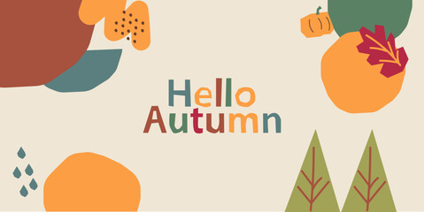 Fototapeta premium Autumn hand drawn card, Maple leaf, pumpkin and walnut. Hello autumn paper cut design.