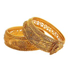 Two ornate gold bangles on transparent background.