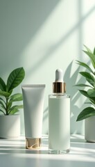 White skincare tube with a gold cup and a glass dropper bottle rest on a clean surface with a soft green background. Minimalist design and botanical accents. Fresh, organic, and luxurious aesthetic.