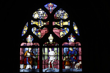 Notre Dame catholic church, Louviers, Eure, France. Stained glass. Saint Sebastian
