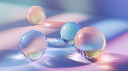 floating transparent glass spheres casting shadows on soft pastel gradient, modern abstract background