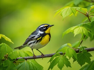 Obraz premium Bright Yellow Black-throated Warbler Hopping on Branch in Lush Green Foliage, Nature Photography, Spring Atmosphere