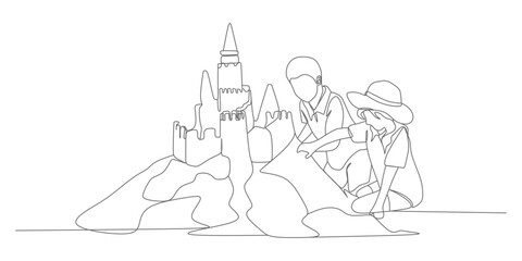 Obraz premium Children Building a Sandcastle – Minimalist Continuous‑Line Vector Illustration