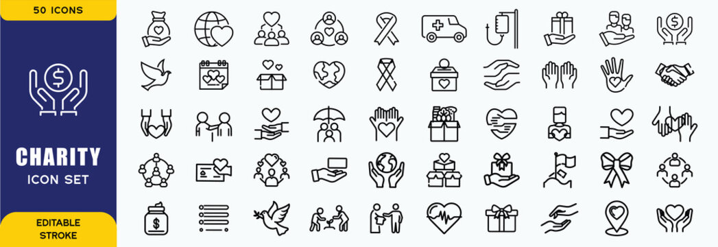 Charity Icon Set. Features community, support, volunteerism, and donation. Perfect for non-profit organizations, social causes, and charitable initiatives. Editable vector graphics for customization