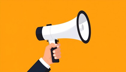 Hand Holding White Megaphone on Orange Background, Announcement, Marketing Public address, Promotion