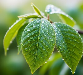 Close-Up of Fresh Green Leaves with Water Droplets