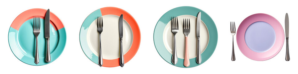 Collection of modern colored plates with forks and knives, top view, isolated on a transparent background