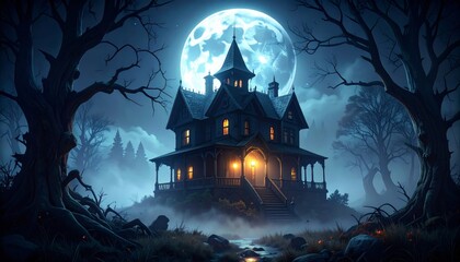 Haunted House Moonlit Night Scene, Halloween Spooky House , digital art, dark fantasy