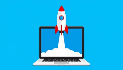 Laptop Rocket Launch Digital Startup Success, Online Business, Growth