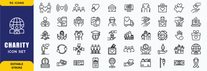 Charity Icon Set. Features community, support, volunteerism, and donation. Perfect for non-profit organizations, social causes, and charitable initiatives. Editable vector graphics for customization