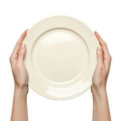 Hands holding a plate up on transparent background.