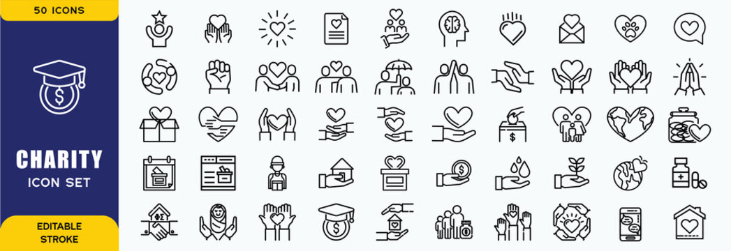 Charity Icon Set. Features community, support, volunteerism, and donation. Perfect for non-profit organizations, social causes, and charitable initiatives. Editable vector graphics for customization