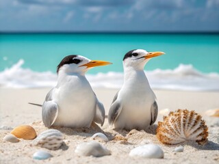 Obraz premium Two Elegant Terns Nesting on the Beach at Sunrise - Nature Photography in a Tropical Environment