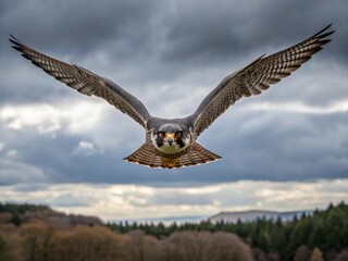 Fototapeta premium Falcon Hunting Over Lush Forest Landscape During Twilight
