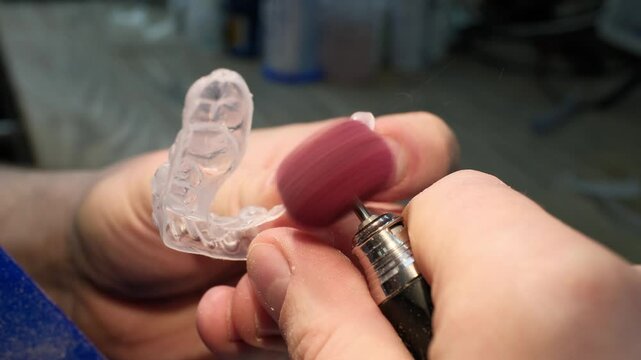 Close-up of a dental technician polishing a transparent aligner or mouthguard using a rotating polishing tool. Precision dental lab work focused on finishing and smoothness of orthodontic appliance