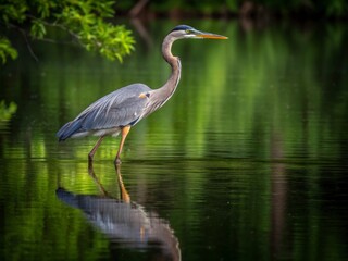 Action of Great Blue Heron Stalking Prey in Calm Pond Reflecting Greenery