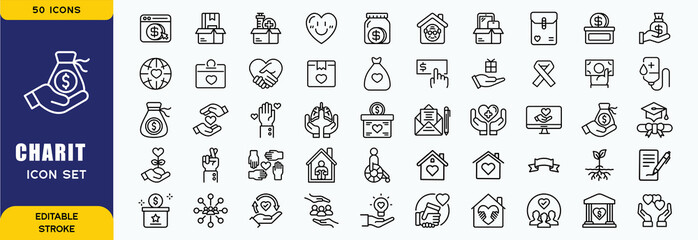 Set of 50 line icons related to charity, donation, social responsibility, friendship, love, Editable stroke. Vector illustratio