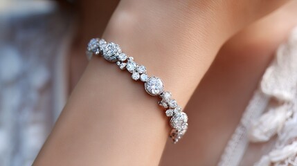 Close-up of elegant diamond bracelet with shimmering gems on woman’s wrist in soft light
