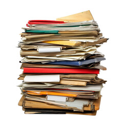 Stack of messy papers on transparent background.